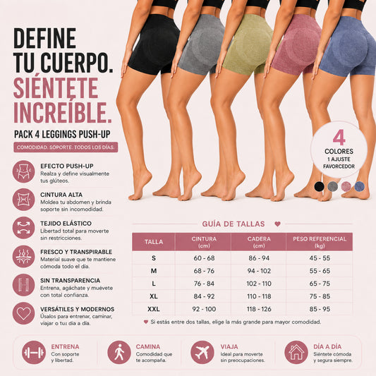 Pack 4 Leggings Push-Up Cintura Alta